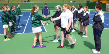 Carrabec Cobras line up with Boothbay Lady Seahawks to greet each other before the match. RYAN LEIGHTON/Boothbay Register