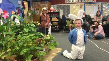 Peter Rabbit (Aiden Wolfe) in Mr. McGregor’s (Cole Hyson) garden. KATRINA CLARK/Boothbay Register