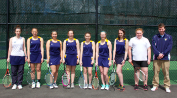 The 2015 Boothbay Region High School girls tennis team. From left, Chloe Hoecker, Anna Baumm, Mackenzie Colby, Angela Machon, Madison Gaudette, Emma Rideout, Ellie Demmons, Eve Dolloff, and Coach Alex Arsenault. Missing from photo is Denise Stover. RYAN LEIGHTON/Boothbay Register