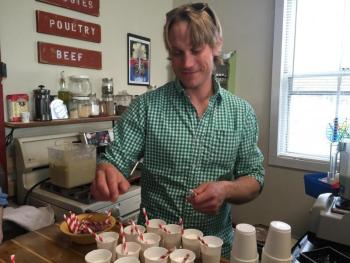 Richard Reid serves up ginger milkshakes at the Business After Hours. KATRINA CLARK/Boothbay Register