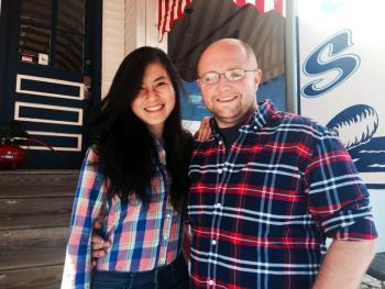 Jie Chan and Ian Ronan stand in front of their new restaurant in Boothbay Harbor, Waves. SUZI THAYER/Boothbay Register
