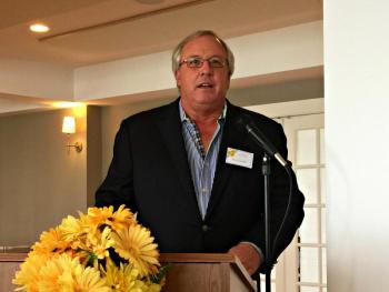 Paul Coulombe, guest of honor at the St. Andrews Auxiliary luncheon, talks about the new healthcare for the region. KATRINA CLARK/Boothbay Register