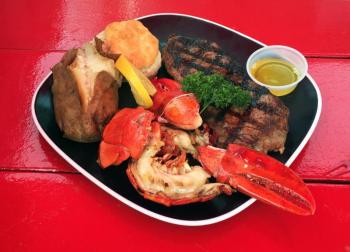 “The Dock Surfin’ Turf” is a favorite with customers at Lobster Dock. SUZI THAYER/Boothbay Register