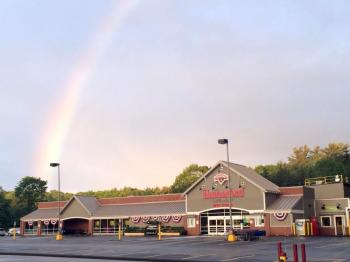 A rainbow appeared to be showcasing the newly renovated Hannaford Supermarket in Boothbay Harbor in the early morning hours of June 13. Courtesy of Ruben Lemelin