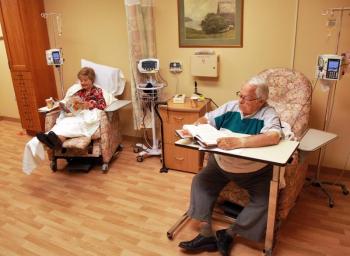 Betty Pike, of Boothbay, and Dominic Garvey, of Boothbay Harbor, receive transfusions in the new Infusion Center on the St. Andrews Campus of LincolnHealth. The Infusion Center, part of recent renovations to the Urgent Care Center made possible by Paul and Giselaine Coulombe, offers cancer patients or other patients who suffer from an illness treated with blood transfusions or drugs delivered intravenously, a comfortable place to receive their therapy close to home. Courtesy of Alan Crowell