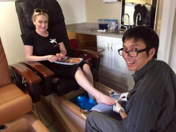 Tom Le performs a pedicure on a customer in the new nail salon, Boothbay Harbor Nails. SUZI THAYER/Boothbay Register
