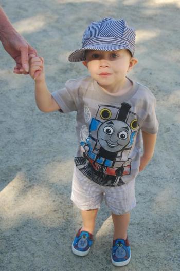 Landyn Peters, 2, of Boothbay, complete with his Thomas the Tank Engine shirt and shoes. ART MAYERS/Boothbay Register