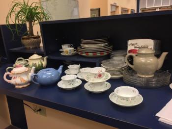Tea pots and cups have been donated to be used at the community center. They will also be for sale. SUZI THAYER/Boothbay Register