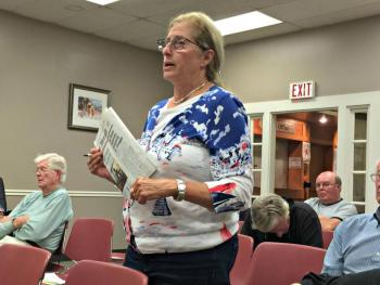 Janet Brennan speaks about the value of creating a pickleball court at the town gateway area during the workshop on Aug. 24. KATRINA CLARK/Boothbay Register