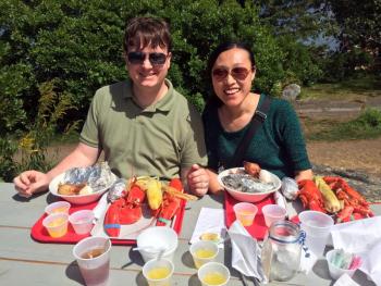 Chris and Nancy Sprute of Anaheim, California, came to Cabbage Island for a clambake on Aug. 6. SUZI THAYER/Boothbay Register
