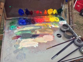 A typical painter’s palette, this one belonging to T.A. Charron of Attlboto, Massachusetts, was used by painters at the Quick Draw event at the Boothbay Common on Thursday, Sept. 10. SUZI THAYER/Boothbay Register