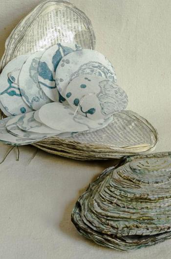 East Boothbay fiber artist Sandra Barry’s “All Oysters Great & Small” and “Chaucer’s First Oyster” are on view at Maine Fiberarts through Sept. 30. Courtesy of Christine Macchi Sandra Barry, East Boothbay ME
