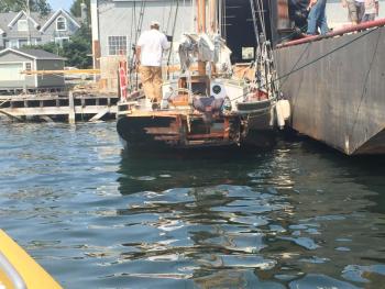 The Lazy Jack ties up at Boothbay Harbor Shipyard after getting hit by a lobster boat on Wednesday afternoon. Courtesy of Bruce White