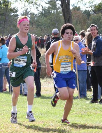 Bayly Gaughan-Carrasco beat this runner at the finish line. Gaughan-Carrasco was first in among the freshmen boys on Saturday, setting a new personal record at 19:33. SUE MELLO/Boothbay Register