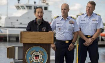 Vice Chairman Bella Dinh-Zarr and Coast Guard officials brief the media Oct. 7 in Miami, Fla., on the loss of container ship El Faro.