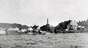 This circa 1895 image is the only view of the Gallup & Holmes, later Church Hathaway, pogie factory near the Luke and Miller properties at Linekin. South of the wharf, factory, and most of the subsidiary buildings is Sunset Rock and the pyramid-roofed house I, my husband, and children lived in. The roof was altered after a fire. Courtesy of the Boothbay Region Historical Society