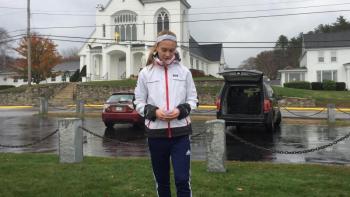 Freshman Faith Blethen talks about the veteran whose stone she carried. KATRINA CLARK/Boothbay Register