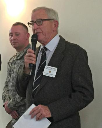 Rotary President Ham Merserve welcomed everyone to the dinner and asked everyone to be seated, as traditionally the president is fined $1 for every minute past 6:30 the dinner begins. KATRINA CLARK/Boothbay Register