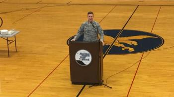 Major Devin T. Robinson of the Maine International Guard talks about the importance of Veterans Day. KATRINA CLARK/Boothbay Register