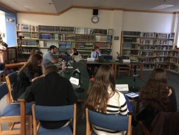 Junior Jacob Bishopp asks a question of Nicole Clarke and Griffin Kane, who are both playing a teacher officially equipped with a concealed gun. KATRINA CLARK/Boothbay Register