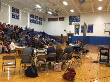 The bleachers at the BRHS gym were over 3/4 full of students, faculty, parents and community members. KATRINA CLARK/Boothbay Register