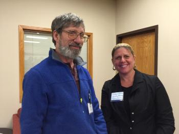Jason Sheckley of the Harbor Theatre with Mary Baudo of Healthy Attitudes at the Business After Hours. KATRINA CLARK/Boothbay Register