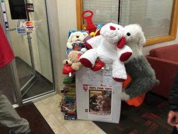 Look at all the toys for tots donated at Key Bank! According to Donna Gregory this isn’t even all of them, they ran out of room in the box. KATRINA CLARK/Boothbay Register