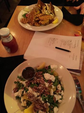 Yummy Bistro food during Trivia Night – here, a house special salad and a haddock griller. KATRINA CLARK/Boothbay Register