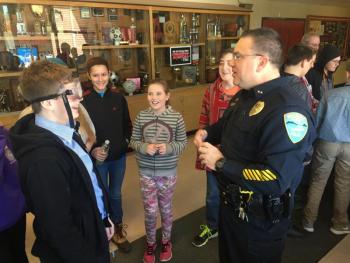 Seventh grader Dalton Roy listens Jan. 21 as Cline talks about the goggles Roy has on. SUSAN JOHNS/Wiscasset Newspaper