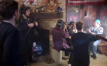 The crew of Era Man prepares to shoot another scene at the Watershed Tavern in Boothbay on Jan. 23. Courtesy of Ryan Leighton