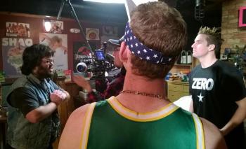 Dylan Bredeau, left, appears to be giving his director Ryan Leighton, right, some advice. Back-to is Leighton’s high school friend Sam Mayhew. Courtesy of Ryan Leighton