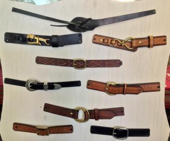 An array of some of Peter Dombrowski’s belts. There are lots of colors and designs to choose from, as well as custom-made ones. SUZI THAYER/Boothbay Register