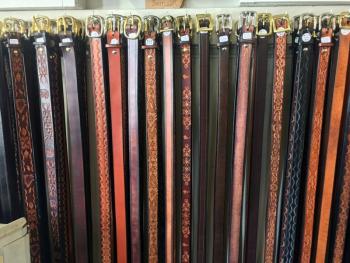 An array of some of Peter Dombrowski’s belts. There are lots of colors and designs to choose from, as well as custom-made ones. SUZI THAYER/Boothbay Register