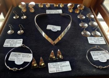 A case showing some of Peter Dombrowski’s silver jewelry. SUZI THAYER/Boothbay Register