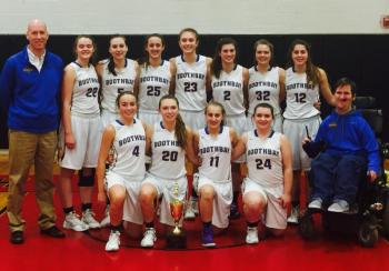 The 2015-2016 Mountain Valley Conference champions, the Boothbay Region High School Lady Seahawks, with their trophy. Courtesy of Sarah Morley