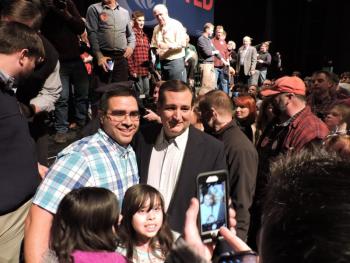 U.S. Senator Ted Cruz takes time for photos, as seen here with the Landeros family, at the Friday, March 4, Republican Presidential candidate rally, held at the Collins Center for the Arts at the University of the Maine, Orono. Cruz spoke with and had photos taken with as many people as time would allow on his busy schedule. Moments after this photo was taken he boarded a plane for another rally in Florida. His attention to detail helped to gain him his victory in Maine on Saturday evening after the March 5, caucus. Courtesy of Diane Randlett
