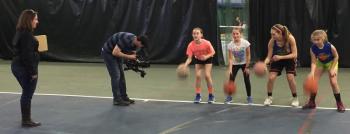 A cameraman and producer from WCSH Channel 6 were at the Boothbay Region YMCA on March 10 shooting video of Hannah Morley with three of her ‘Future Lady Seahawks.’ Left to right: Emery Lorrain, Izzy Harkins, Morley and Sidney Blake. SUZI THAYER/Boothbay Register