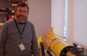 Senior Research Scientist William “Barney” Balch beside one of two unmarred “gliders” at the Bigelow Laboratory for Ocean Sciences in East Boothbay. ART MAYERS/Boothbay Register