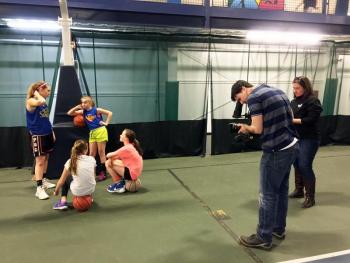 A cameraman and producer from WCSH Channel 6 were at the Boothbay Region YMCA shooting videos of Hannah Morley and three of her ‘Future Lady Seahawks’ for spots to air during April and May. SUZI THAYER/Boothbay Register