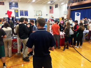 Event organizer Pauline Dion said the job fair at the Boothbay Region High School gym was “an event that went way beyond my expectations.” SUZI THAYER/Boothbay Register