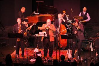 The Novel Jazz Septet in concert mode, piano Mickey Felder, guitar Dave Clarke, saxophone Brian Jones, trumpet Mike Mitchell, trombone Barney Balch, bass Herb Maine, drums Bill Manning. Robert Mitchell photo courtesy of Barney Balch