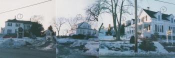 These four houses in 1995 at Greenleaf Lane off Commercial Street are: 1) present day Admiral's Quarters, 2) Pal Vincent's house, 3) small house behind Pal, 4) present day Greenleaf Inn. These overlapping shots will be referred to in a later article, so readers may wish to retain this article. Courtesy of Boothbay Region Historical Society