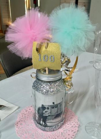 Centerpieces on tables at Valerie Smith’s 100th birthday party at Coastal Maine Botanical Gardens. SUZI THAYER/Boothbay Register