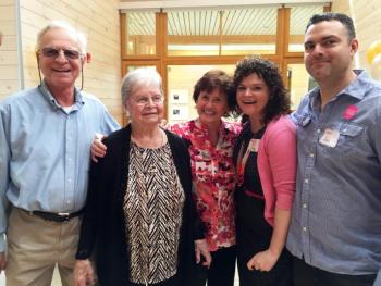 Joe Jackimovicz, left, Valerie Smith, Ruthie Jackimovicz, Kara Roach and Alex Jackimovicz at the entrance of the Bosarge Educational Center at Coastal Maine Botanical Gardens on May 21. SUZI THAYER/Boothbay Register