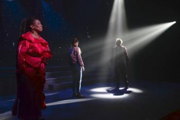 The ghost of Sam Wheat (Gregg Goodbrod) finally manages to manifest for Molly (Liz Shivener) with converted believer Oda Mae Brown (E. Faye Butler) as a joyful witness. The Maine State Music Theater and Fulton Theater’s production of “Ghost the Musical” is at the Pickard Theater now through June 25. Courtesy of Roger S. Duncan