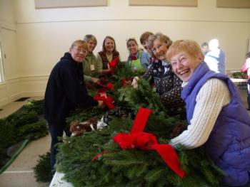 Boothbay Region Garden Club members prepare wreaths for local municipal buildings and post offices during the winter holiday season. Courtesy photo.