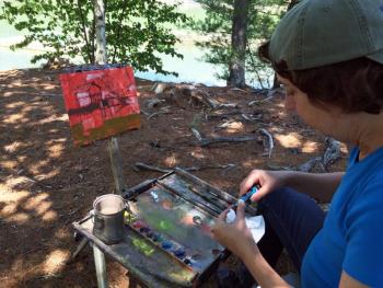 Jennifer Clinard, from Tallahassee, Florida was with the group of plein air painters on Knickercane Island on July 13. SUZI THAYER/Boothbay Registerand Schooner