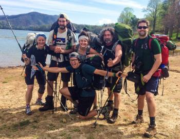 Karl Berger, second from left, Steve Berger, second from right, and Ryan Leighton, right, with some of the “characters” they met during their hike on the Appalachian Trail. Courtesy of Ryan Leighton