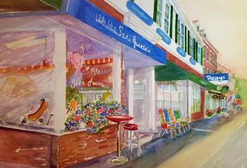 “A Walk into the Past, Waltz Soda Fountain,” watercolor, 13” x 19”, by Kathleen Horst is one of the artist’s works in her show at Miles Memorial Hospital. Courtesy of Amy Kefauver Kathleen Horst