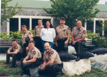 A group of Elaine’s Officer SALTYs, marine patrolmen who taught students about marine life and conservation. Courtesy of Elaine Jones